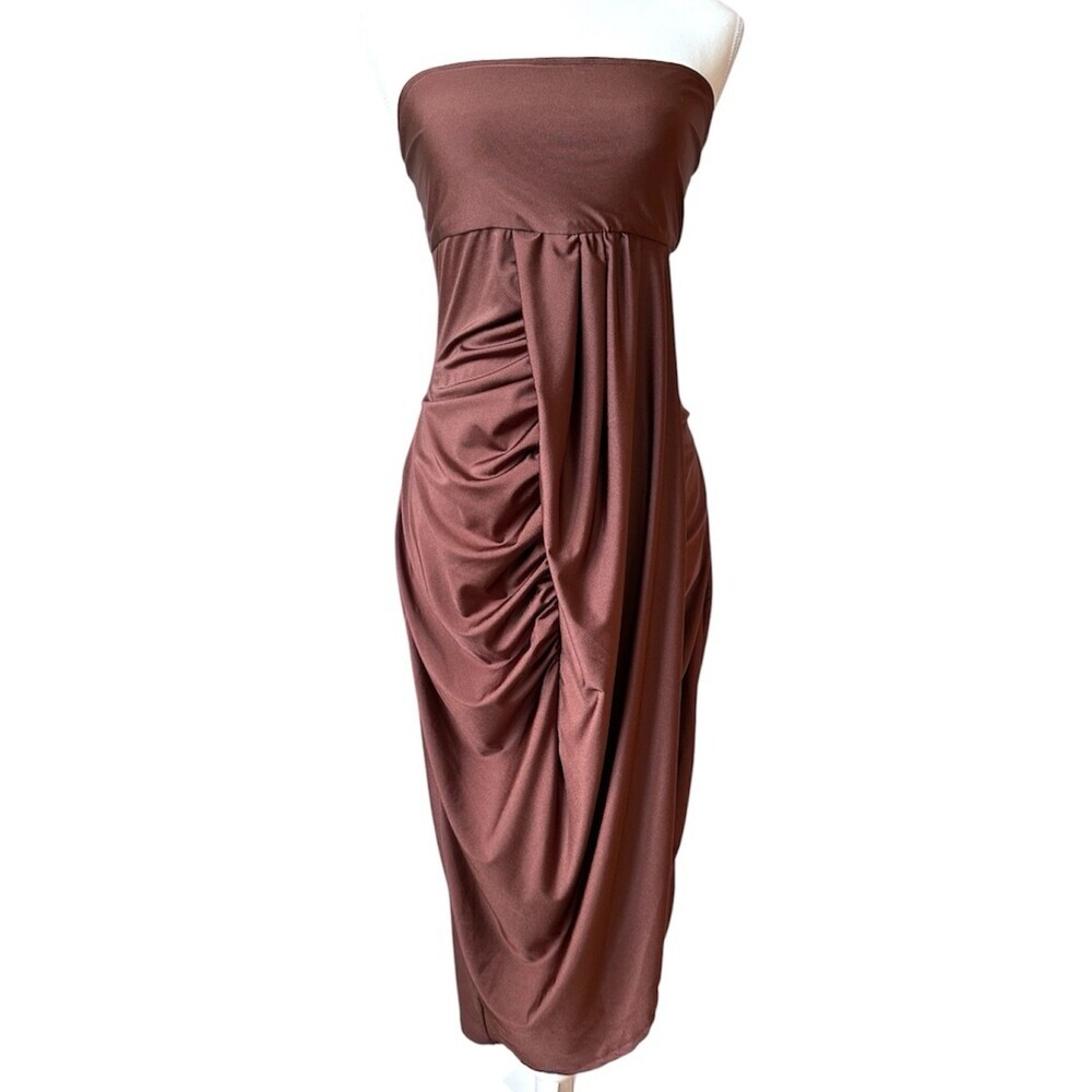 NWT Strapless Ruched Midi Dress in Chocolate Brown Wedding Guest Summer - Size L